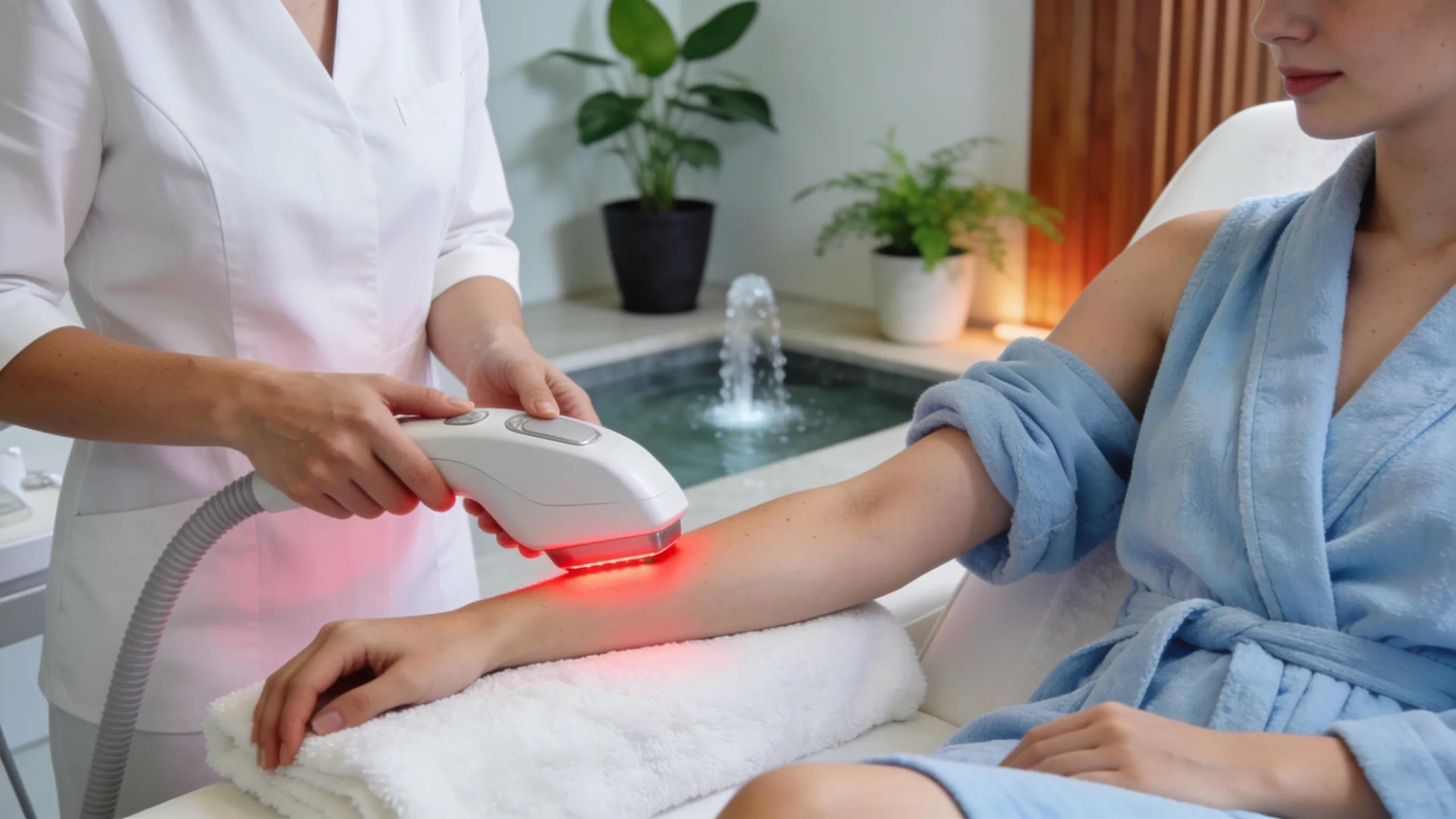 Spa setting with a laser treatment session showcasing a client receiving laser hair removal