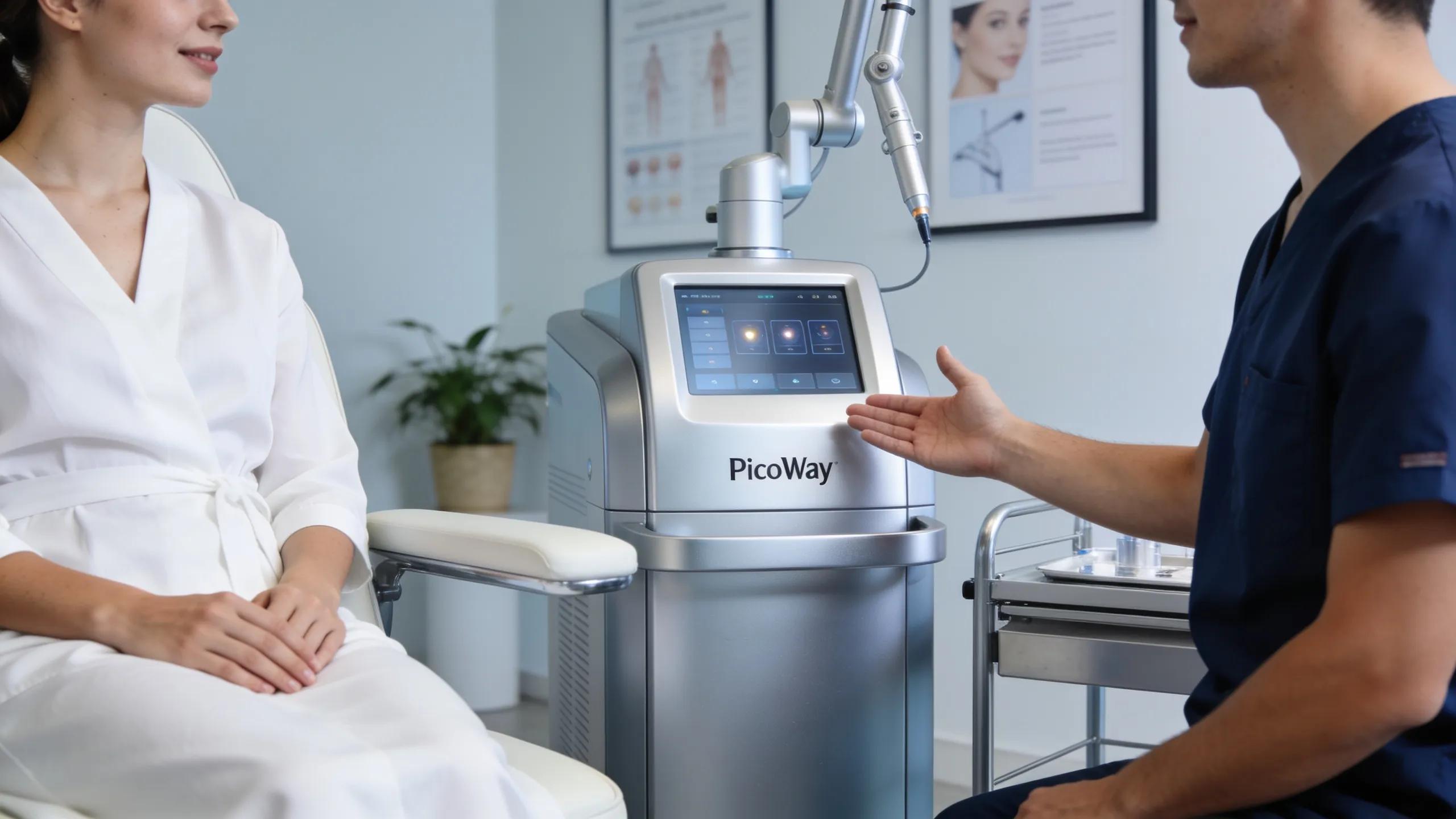 PicoWay laser tattoo removal consultation, showcasing advanced technology in a clean clinic environment